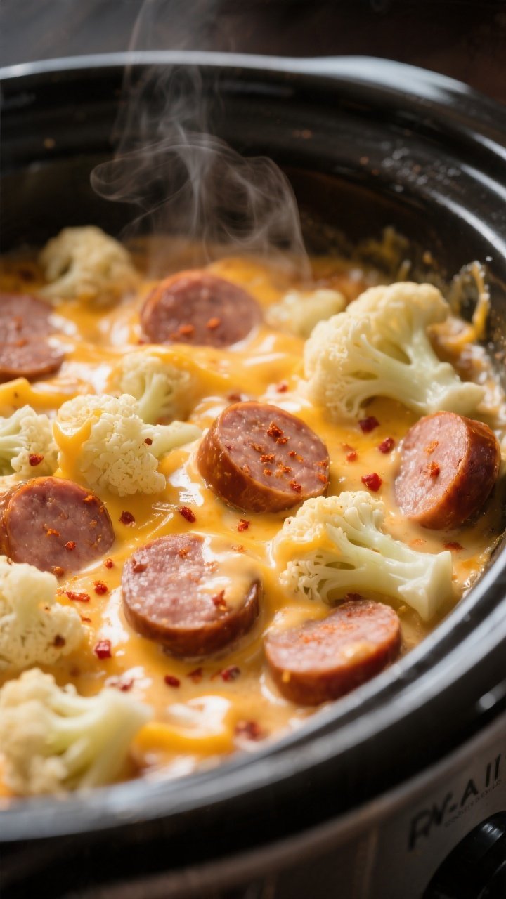 Cooking process, close-up: Sliced smoked sausage rounds and tender cauliflower florets bubbling in a
