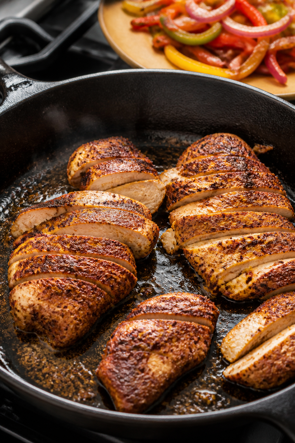 Cooking process close-up: Sliced, spice-crusted chicken searing in a cast-iron skillet, golden-brown