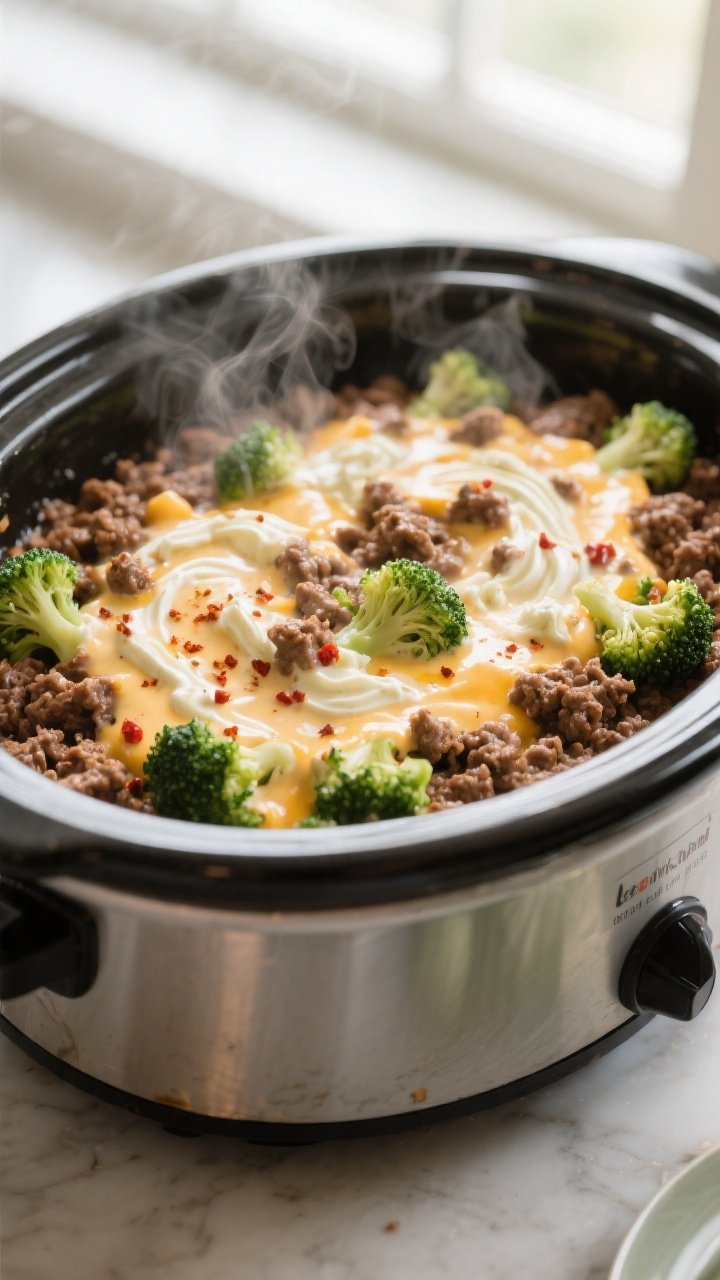 Cooking process close-up: Slow cooker filled with browned ground beef coated in creamy ranch-cheddar