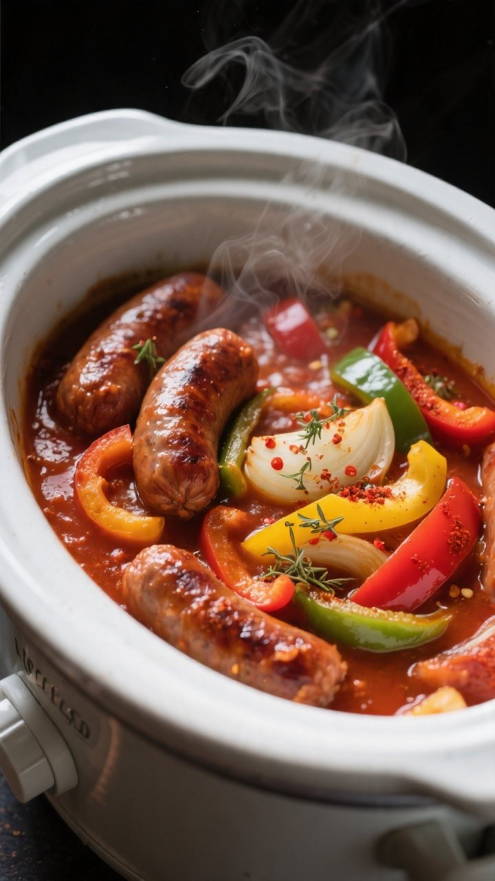 Cooking process close-up: Slow cooker filled with browned smoked sausage rounds nestled over thick-c