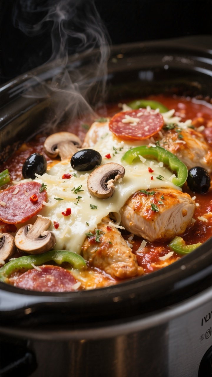 Cooking process close-up: Slow cooker insert filled with tender, fully cooked chicken breasts nestle
