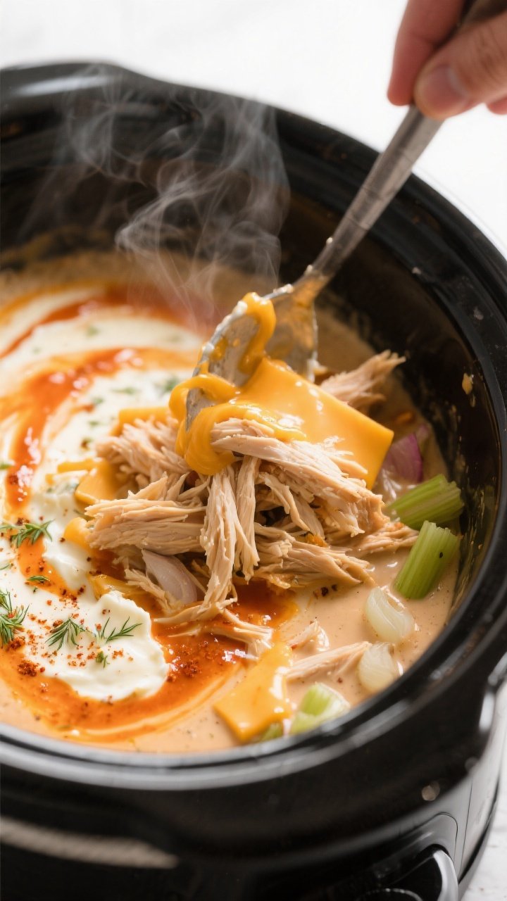 Cooking process close-up: Tender shredded chicken being folded back into a simmering crockpot of cre