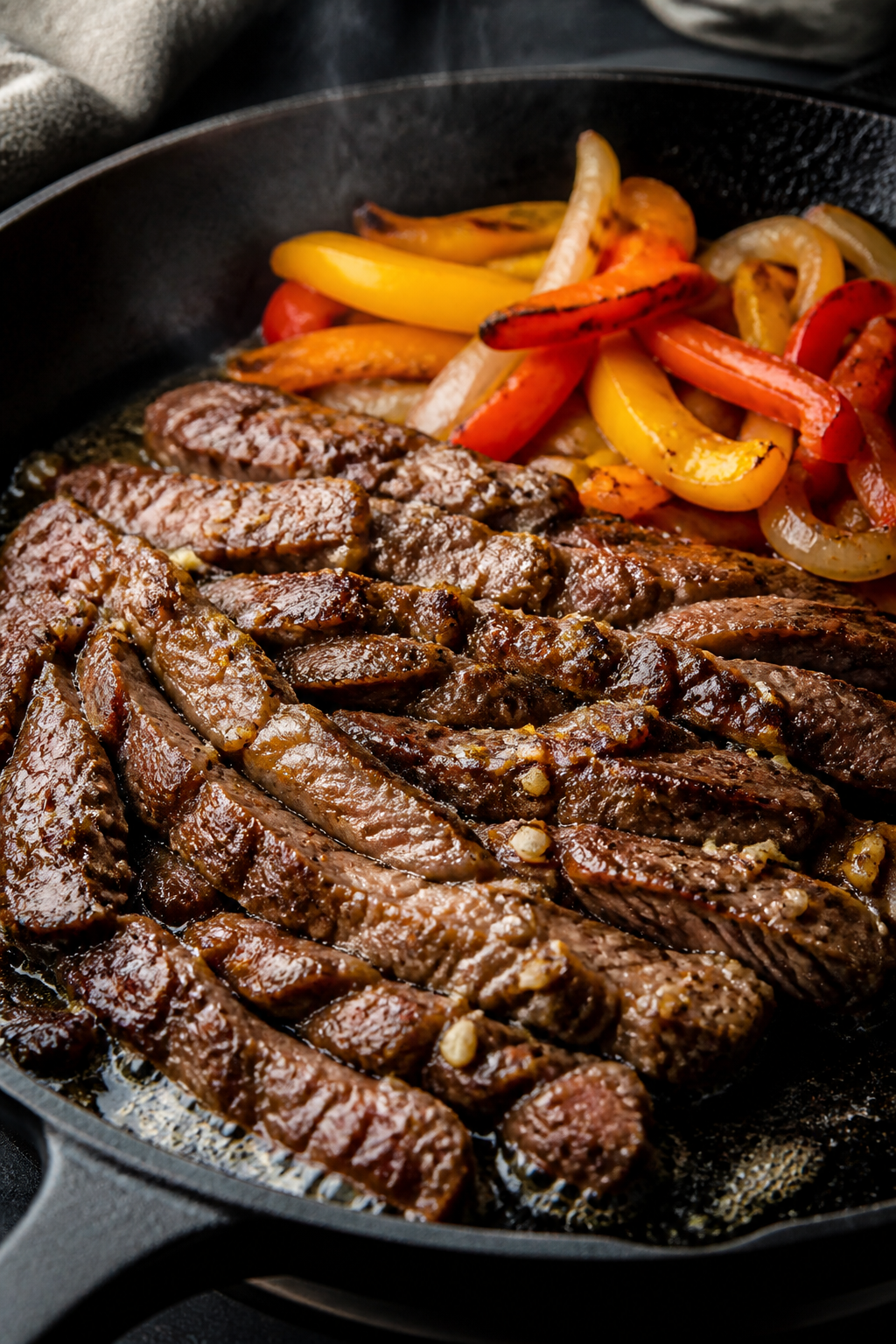 Cooking process, close-up: Thin-sliced ribeye searing in a cast-iron skillet, edges browned and cara