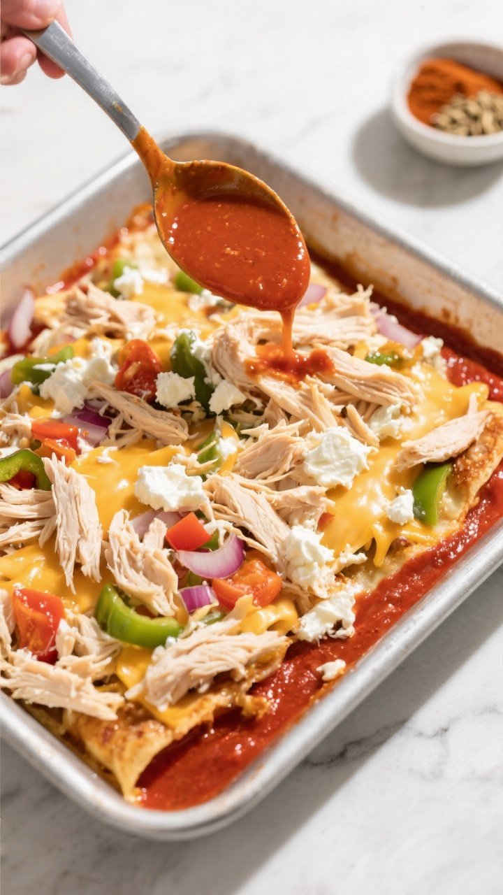 Cooking process: creamy chicken filling being spread evenly into a greased 9x13 baking dish, showing