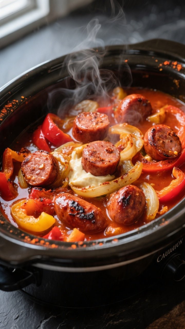 Cooking process — Crockpot Cajun sausage and peppers simmering: tender, cooked bell peppers and on