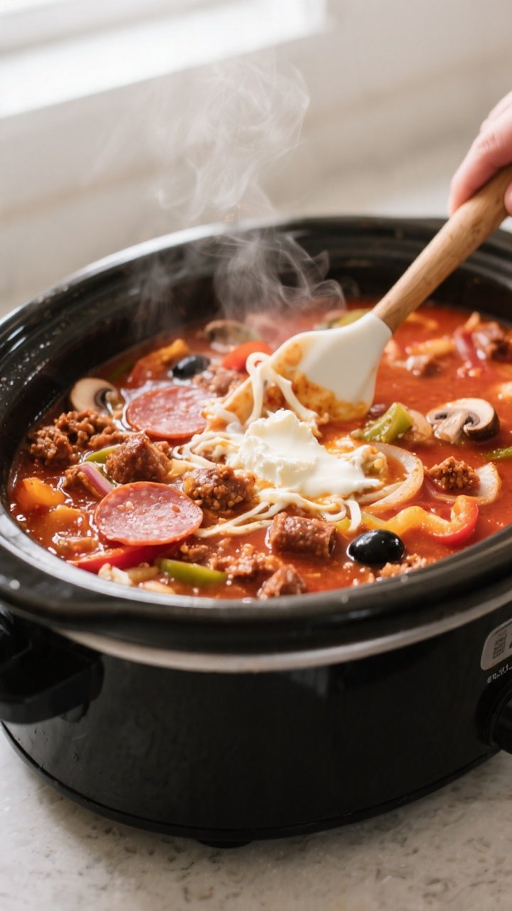 Cooking process — Crockpot loaded pizza soup mid-simmer: close-up of the slow cooker filled with r