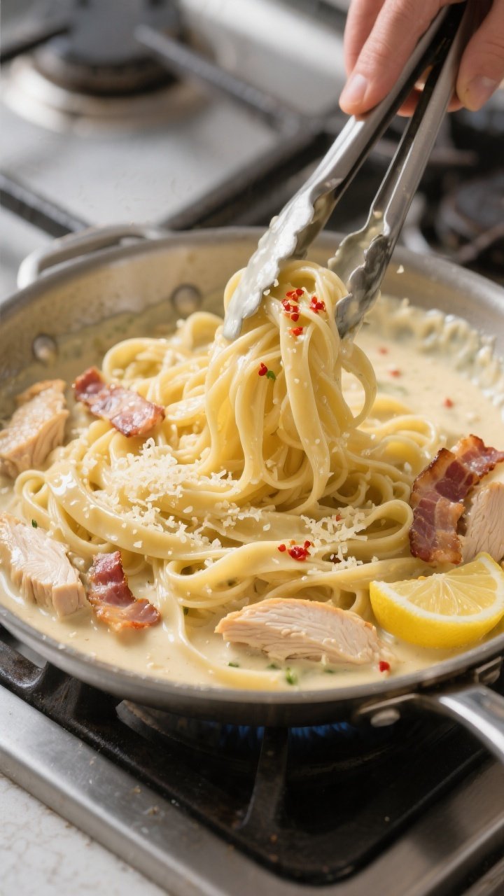 Cooking process: Fettuccine being tossed in the creamy Alfredo with chicken and half the bacon in a