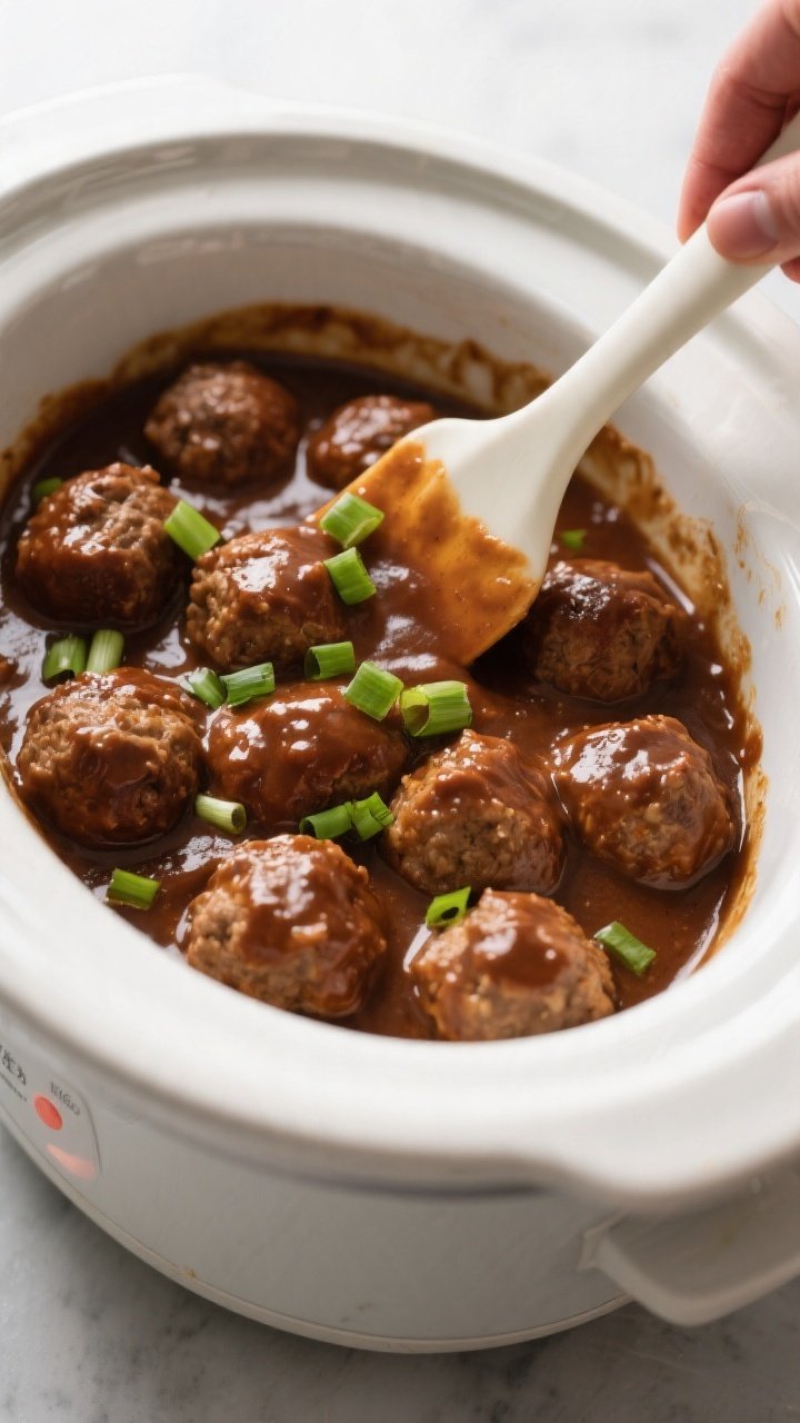 Cooking process: Meatballs in a crockpot mid-cook, evenly layered and just turning tender, with the