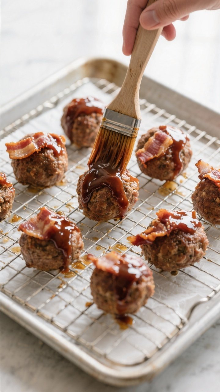 Cooking process: Meatballs on a wire rack over a parchment-lined sheet pan at 400°F, mid-glaze—pa