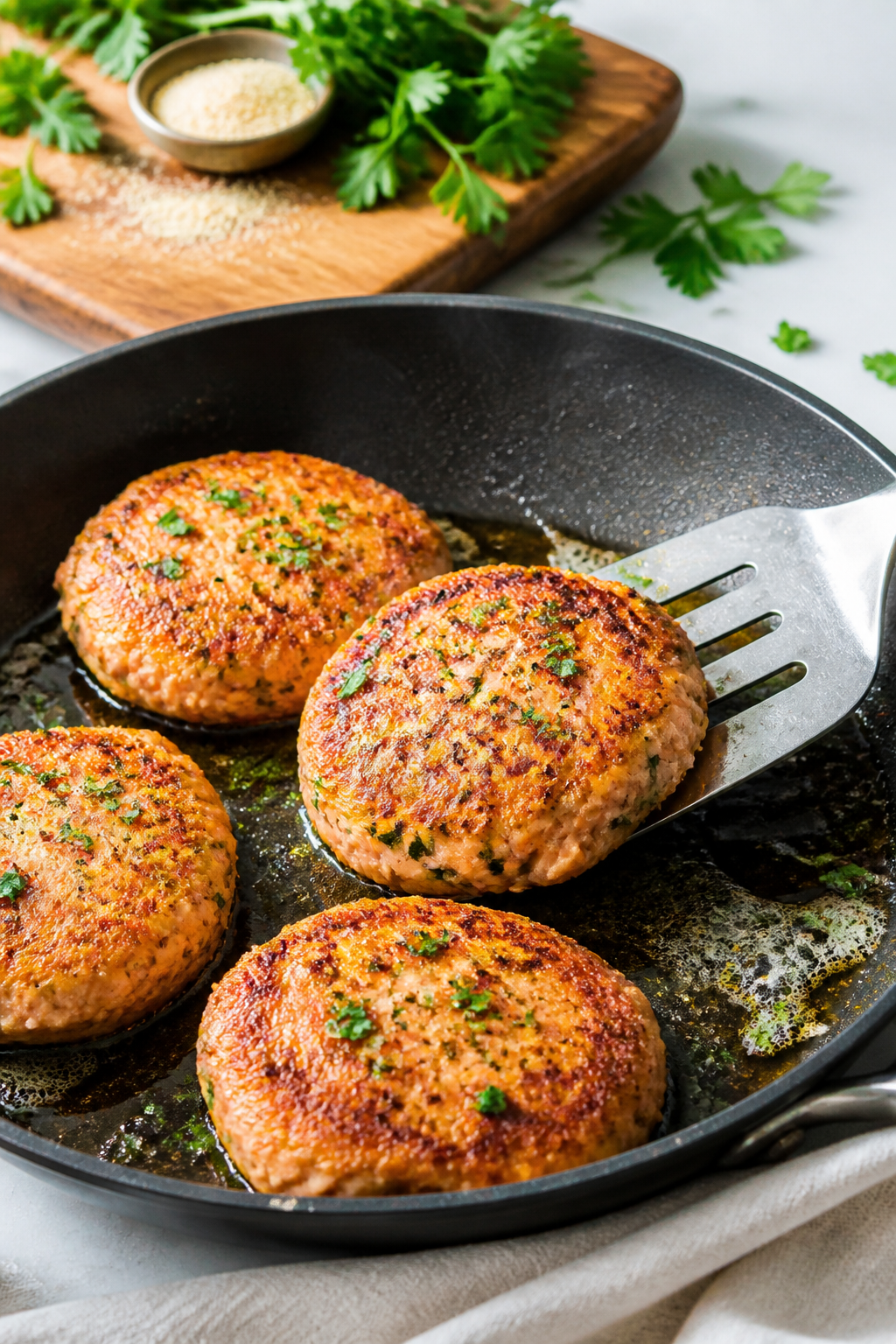 Cooking process: Medium skillet scene with 3–4 salmon patties sizzling in shimmering oil over medi