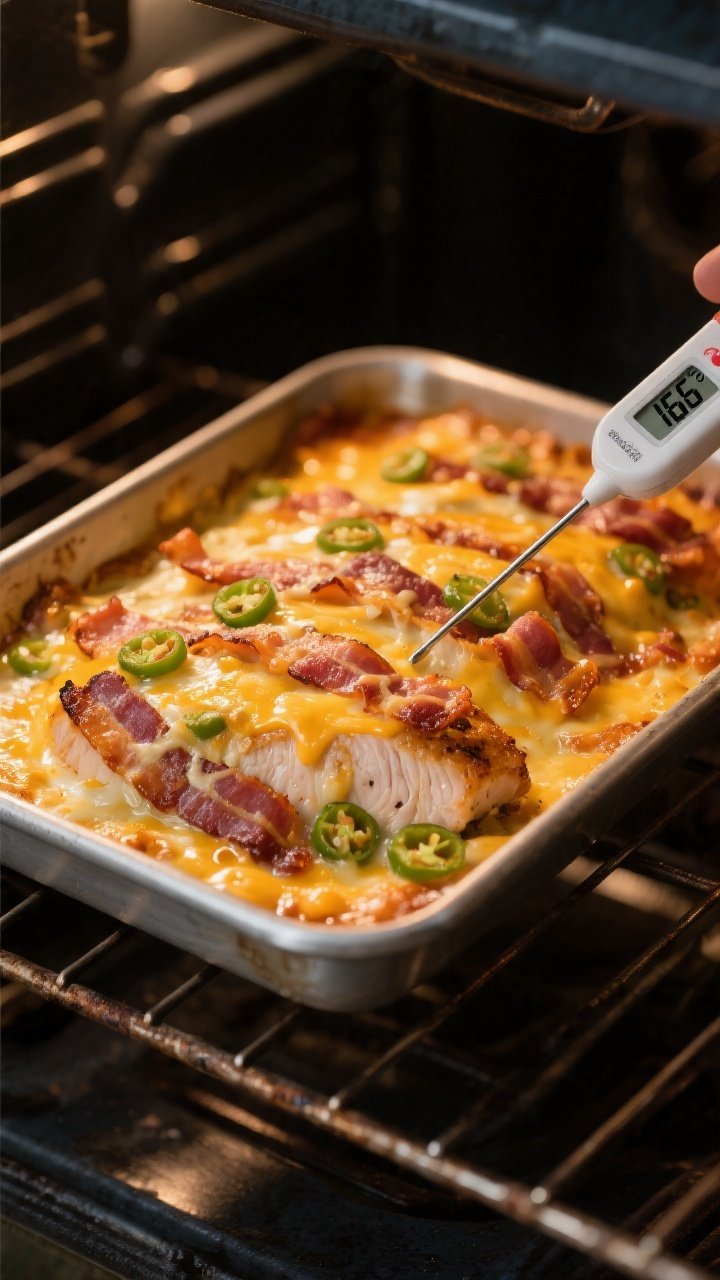 Cooking process: Mid-bake scene in a 9x13 pan on the center oven rack—cheese topping visibly puffi
