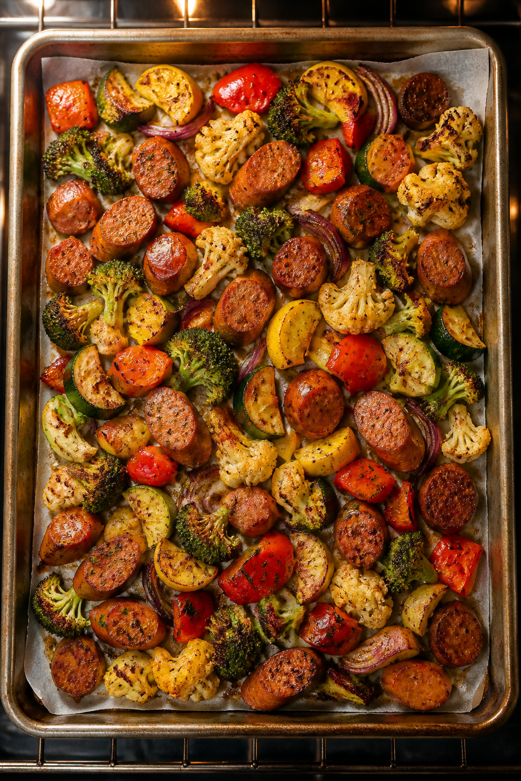 Cooking process, overhead: A hot sheet pan in the oven at 425°F filled with sizzling, fully cooked 