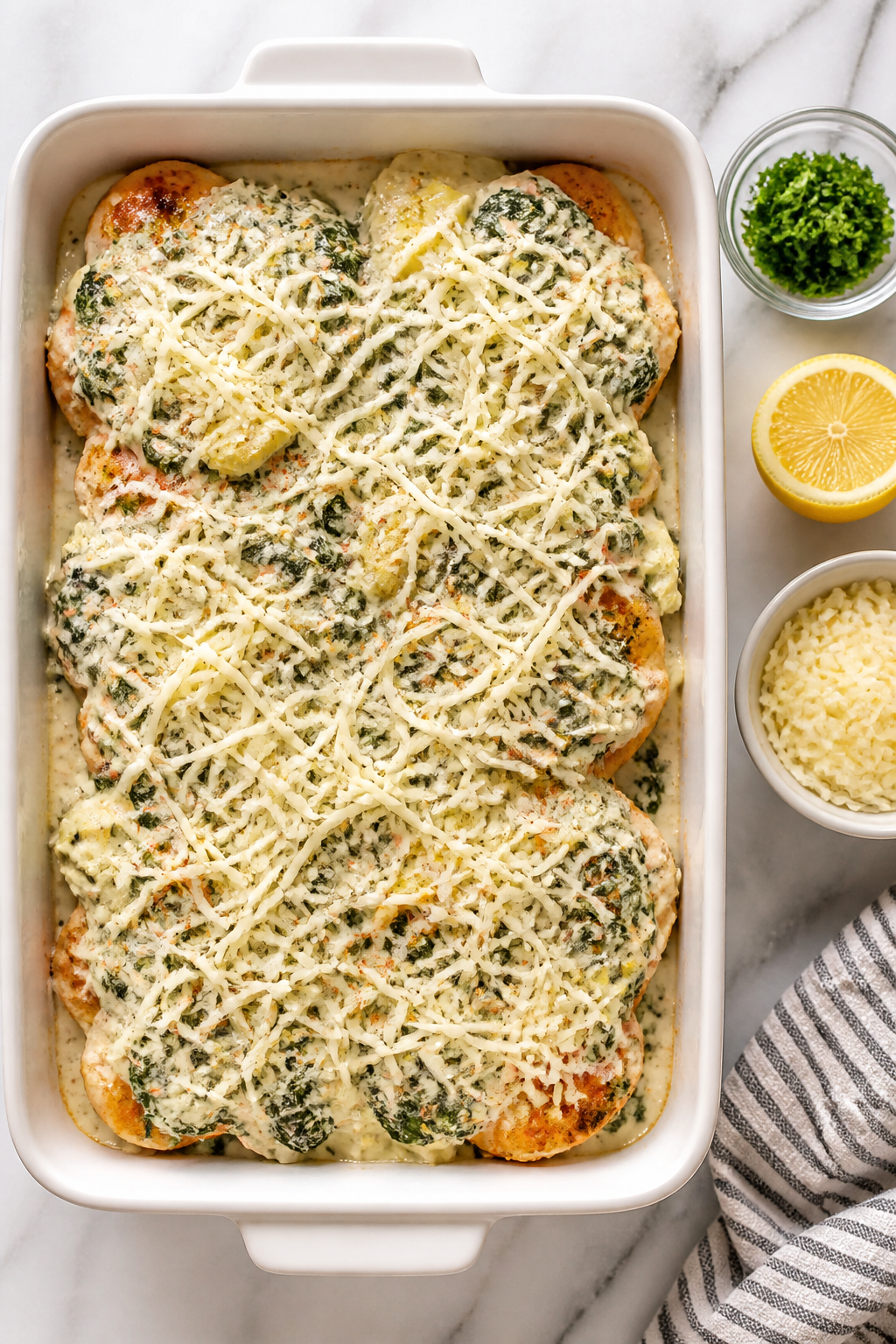 Cooking process: Overhead shot of a 9x13 baking dish with seasoned chicken breasts arranged in a sin