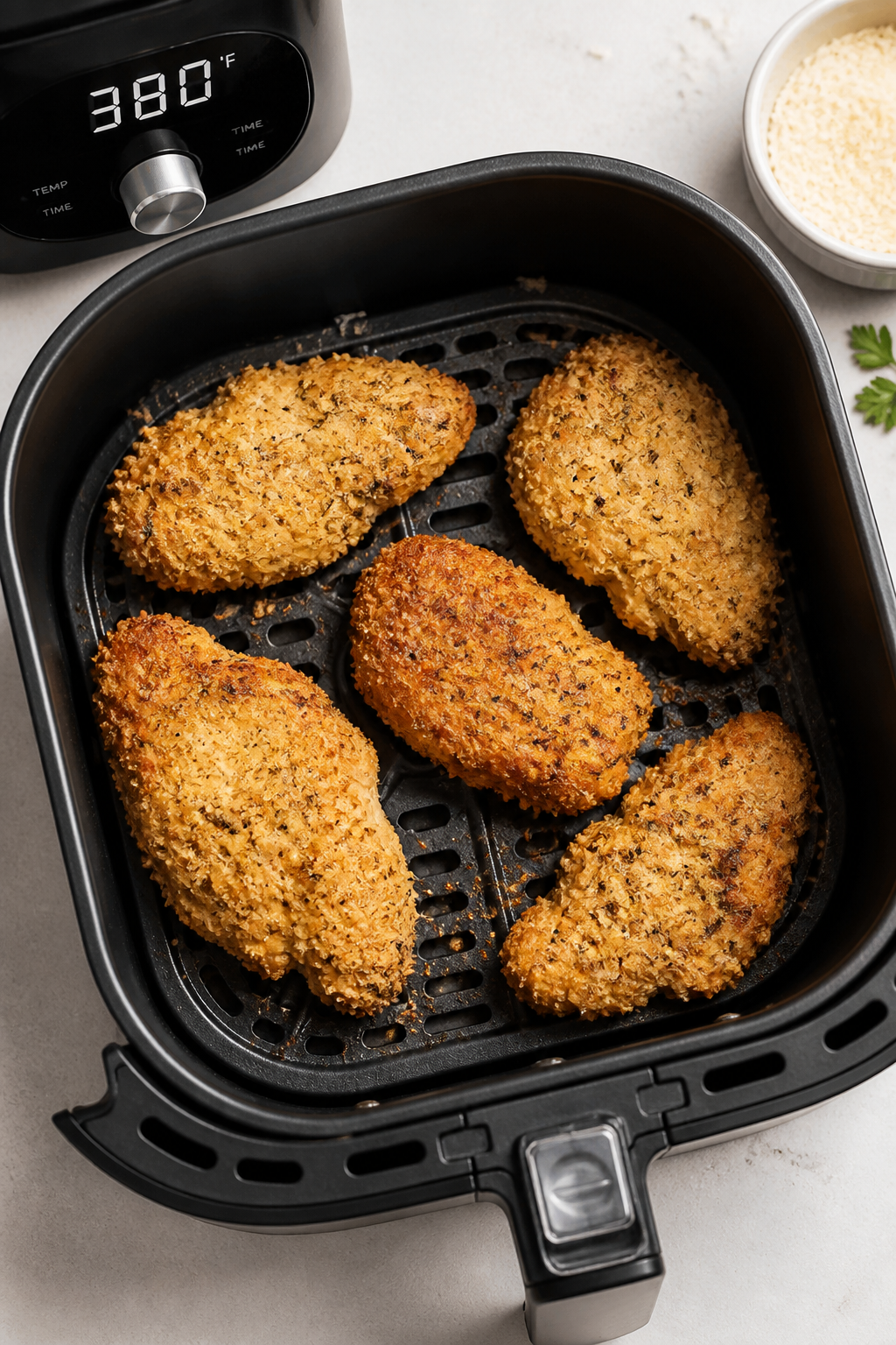 Cooking process: Overhead shot of an air fryer basket loaded in a single uncrowded layer with coated