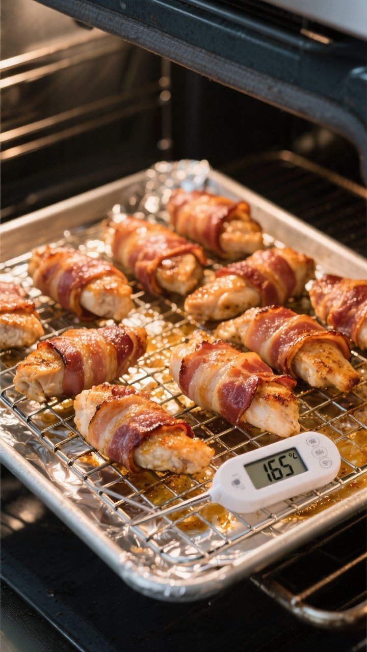 Cooking process: Overhead shot of bacon-wrapped chicken tenders arranged on a wire rack over a foil-