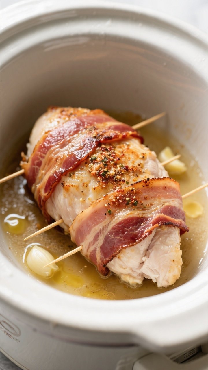 Cooking process: Overhead shot of bacon-wrapped chicken breasts nestled in a crockpot insert mid-coo