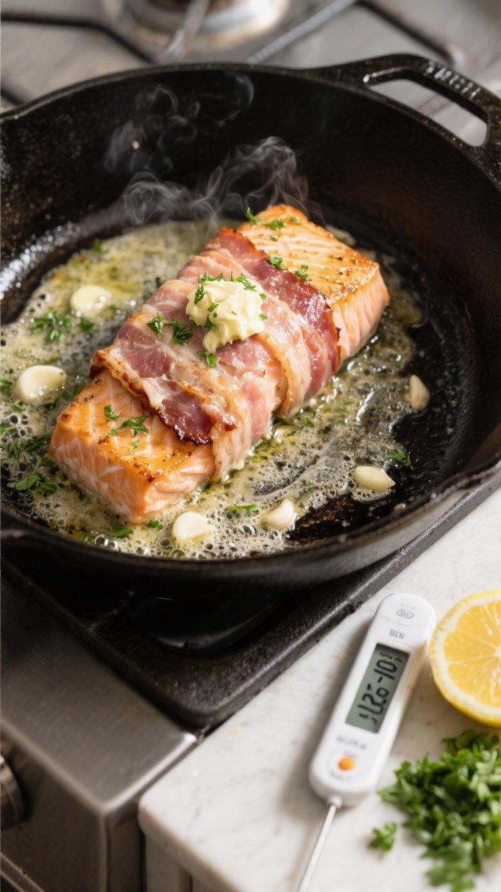 Cooking process: Overhead shot of bacon-wrapped garlic butter salmon searing in a large oven-safe sk