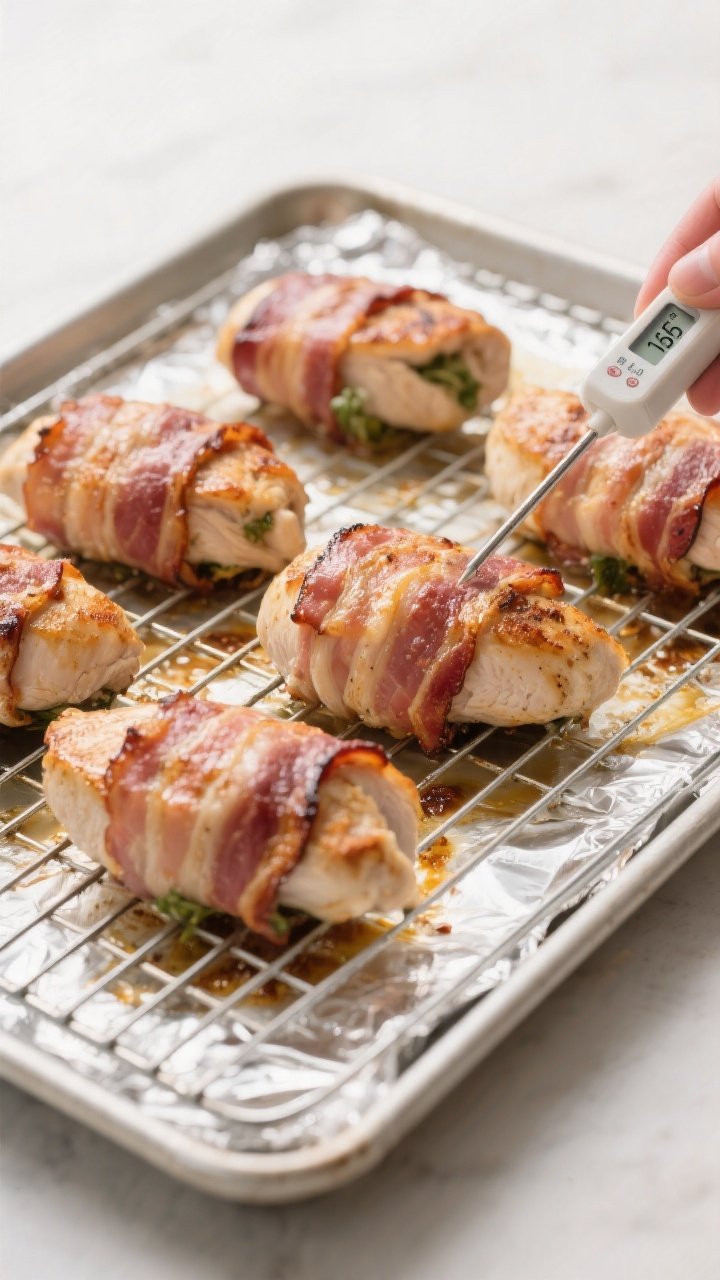Cooking process: Overhead shot of bacon-wrapped stuffed chicken breasts baking on a wire rack set ov
