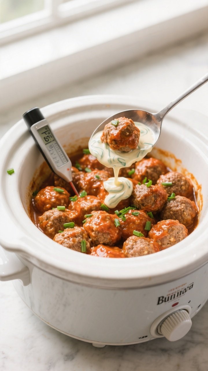 Cooking process: Overhead shot of fully cooked buffalo ranch meatballs in the crockpot just after co