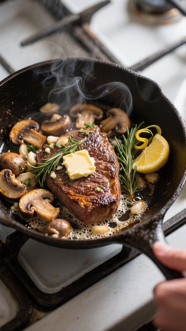 Cooking process: Overhead shot of mushrooms sautéing in a cast-iron skillet after the steak sear—