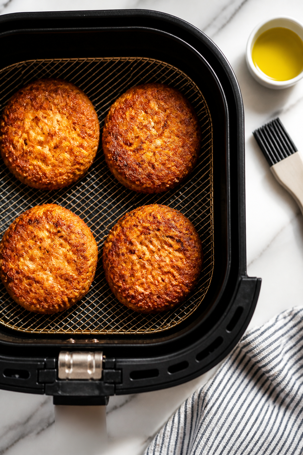 Cooking process: Overhead shot of salmon cakes air frying in a single layer at peak browning—unifo