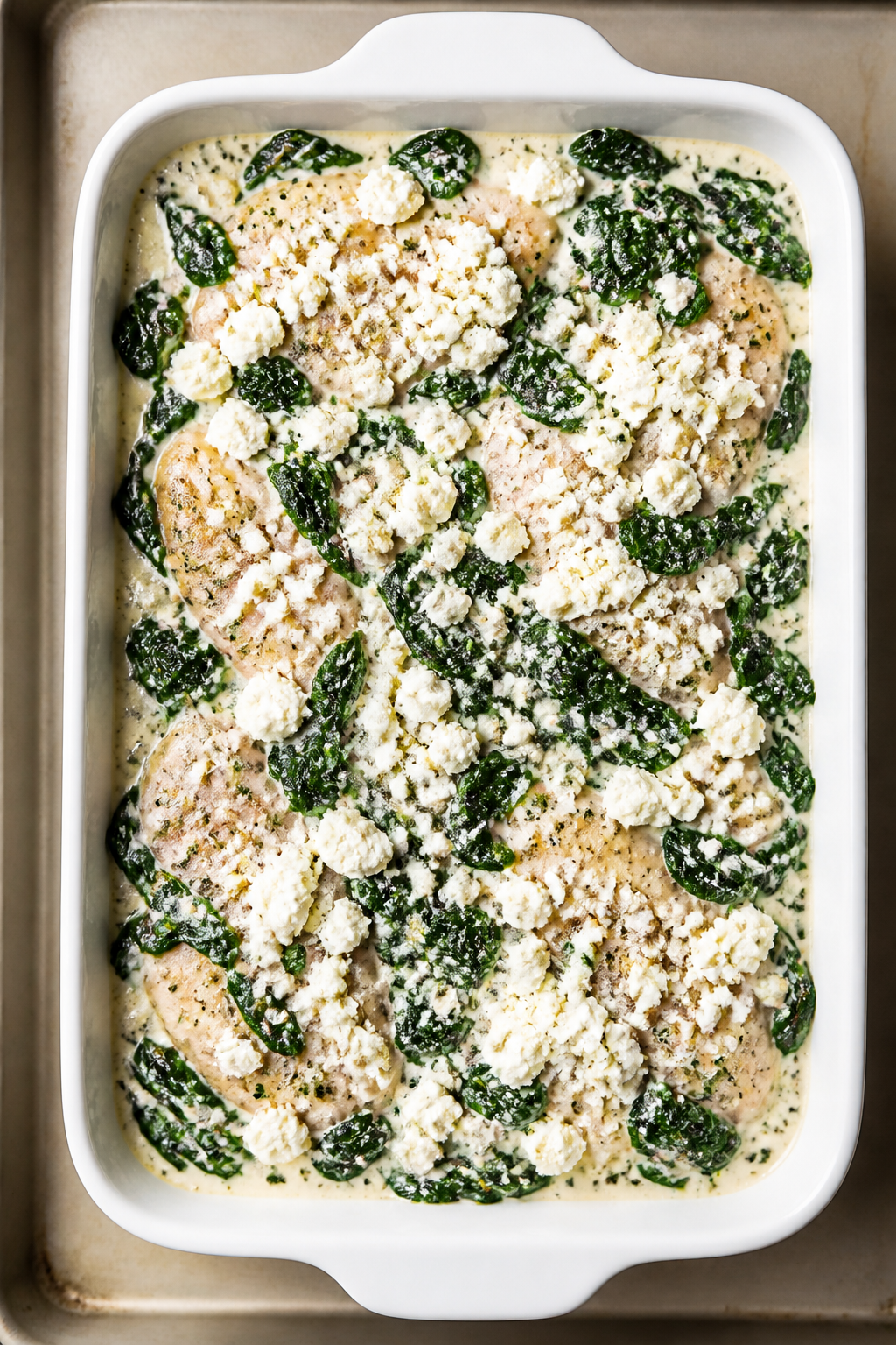 Cooking process: Overhead shot of the assembled bake right before it goes into the oven—seasoned c