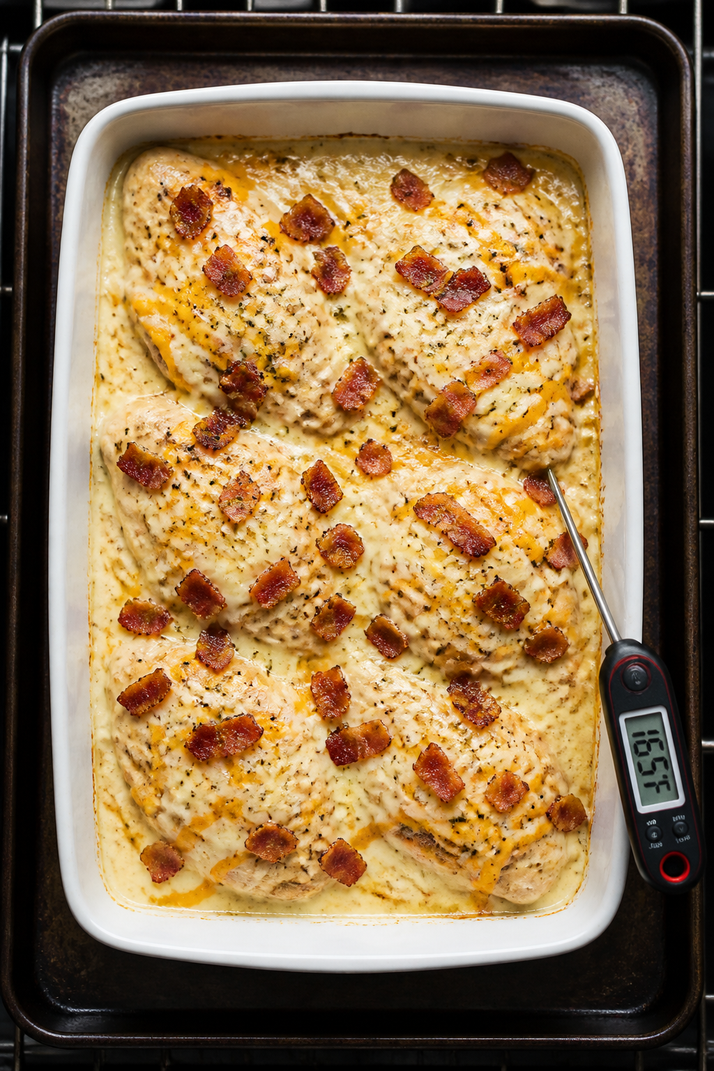 Cooking process: Overhead shot of the assembled bake mid-bake just after the cheese has melted but b