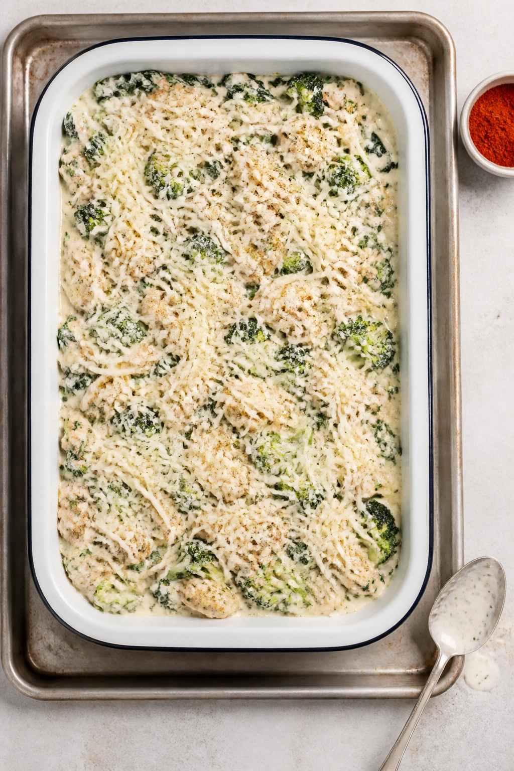 Cooking process: Overhead shot of the assembled bake right before going into the oven—sautéed, li