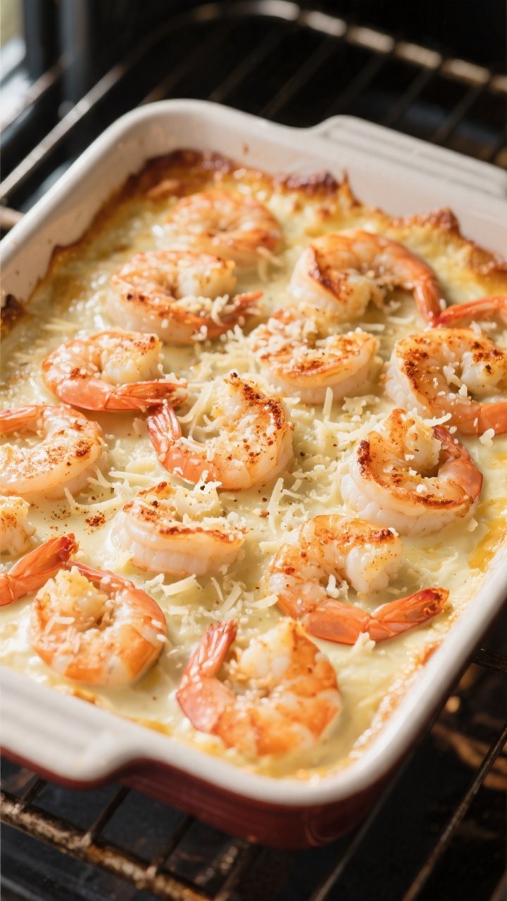 Cooking process: Overhead shot of the assembled shrimp bake mid-cook under the broiler, showing shri