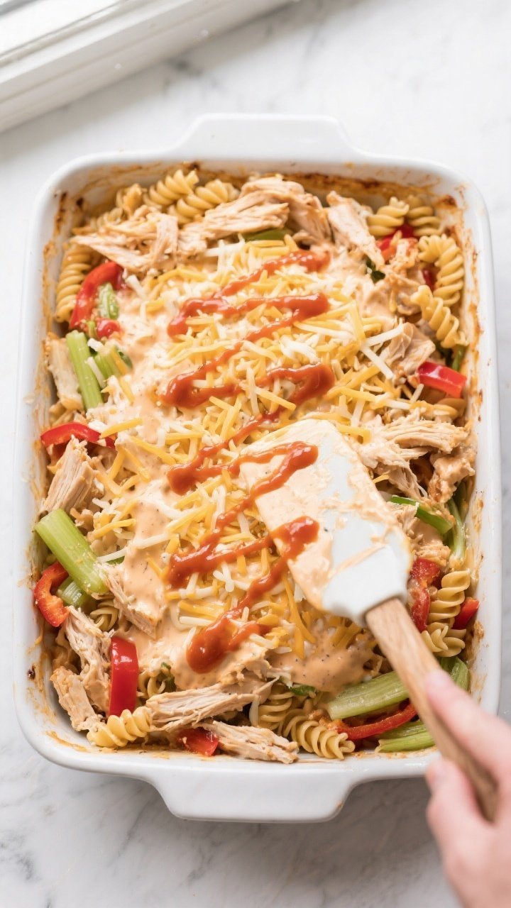 Cooking process: Overhead shot of the casserole being assembled in a 9x13 baking dish—creamy buffa