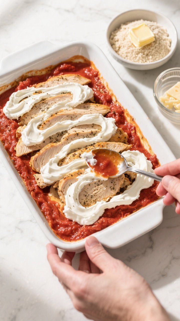 Cooking process: Overhead shot of the casserole mid-assembly in a 9x13 dish—layer of seasoned, coo