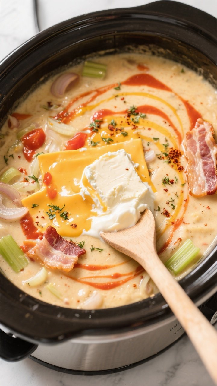 Cooking process: Overhead shot of the chowder in the slow cooker just after the cream cheese and hea