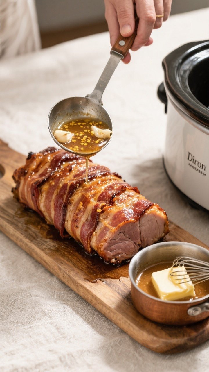 Cooking process: Overhead shot of the cooked bacon-wrapped pork loin just lifted from the slow cooke