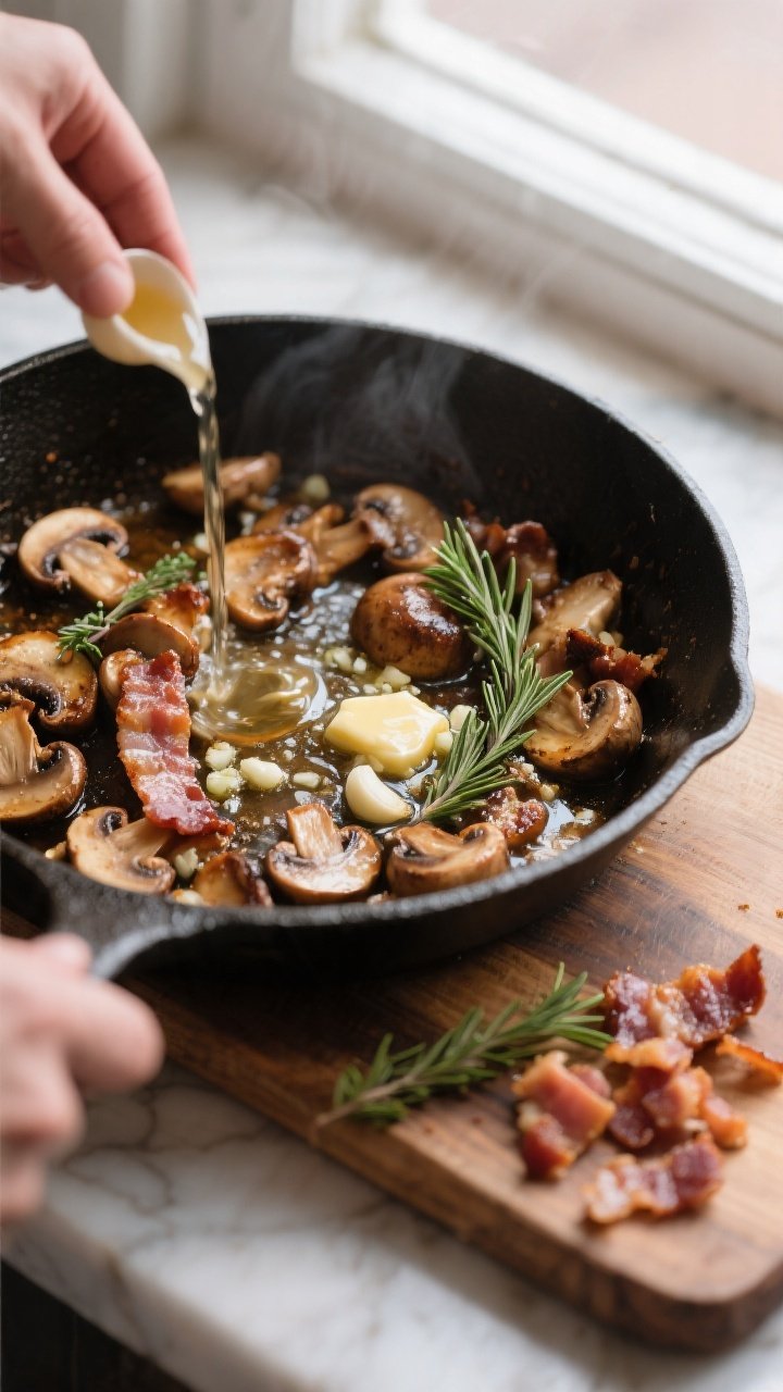 Cooking process: Overhead shot of the mushrooms sautéing in bacon drippings and butter with minced 