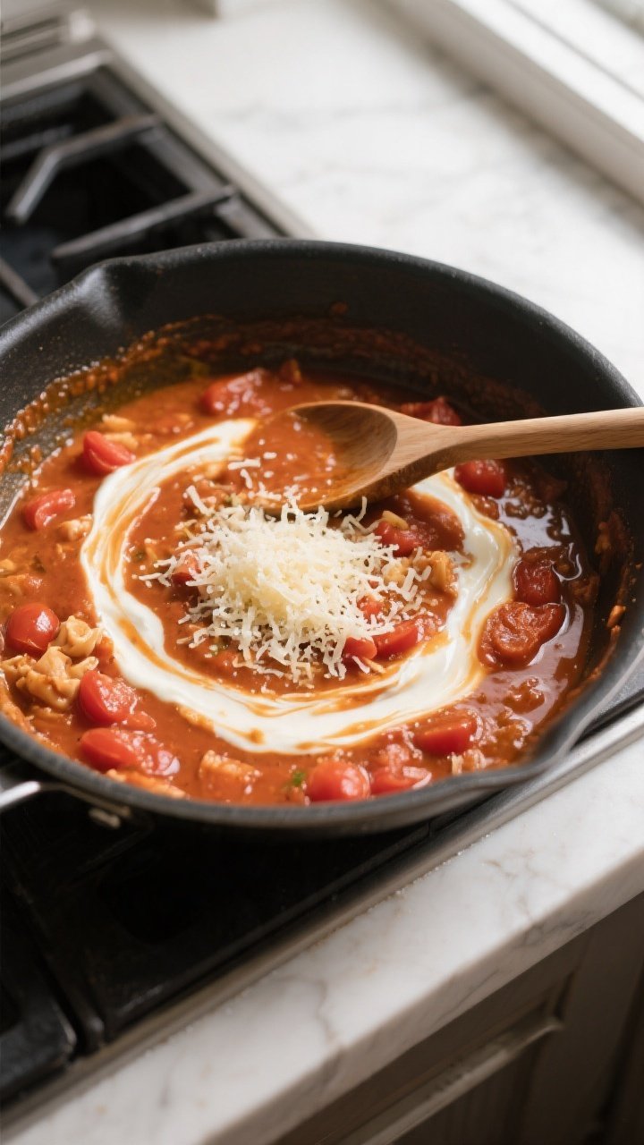 Cooking process: Overhead shot of the sauce-building stage in a large skillet—tomato paste just ca