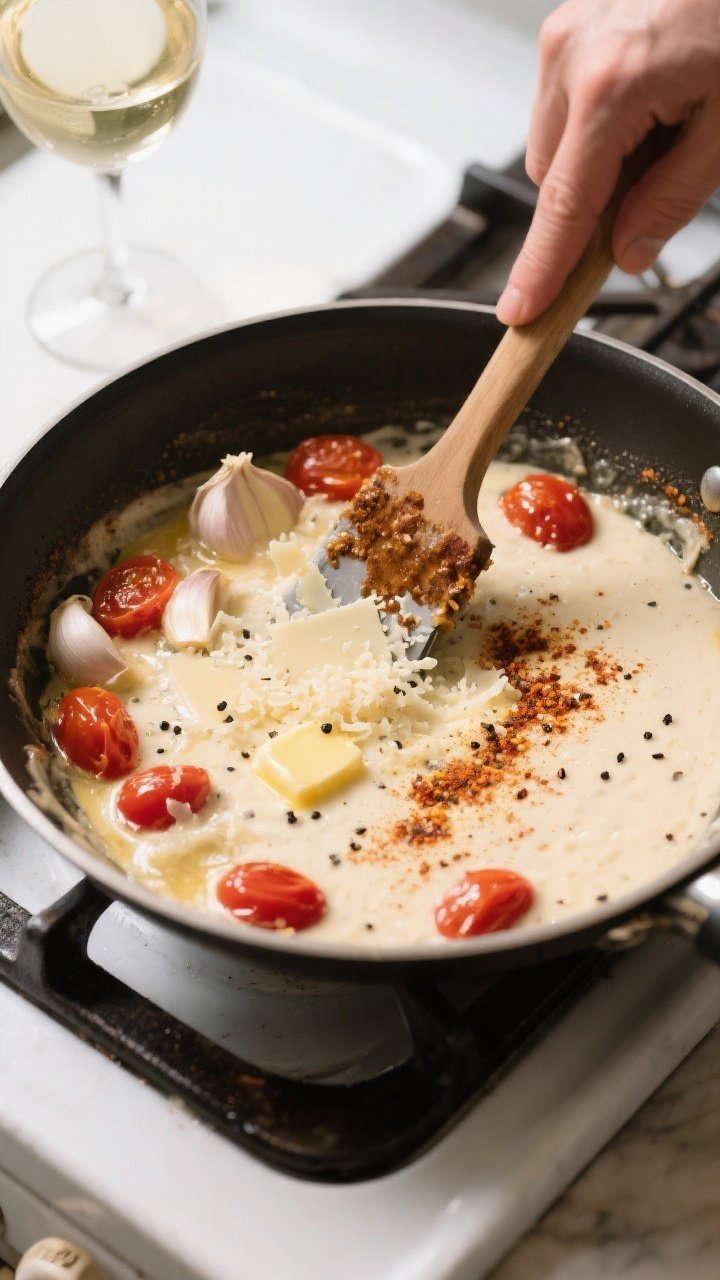 Cooking process: Overhead shot of the sauce-building stage in a large skillet—garlic sizzling in b