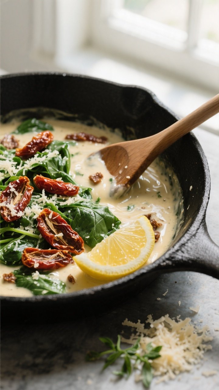 Cooking process: Overhead shot of the sauce-building stage in a black cast-iron skillet—creamy gar