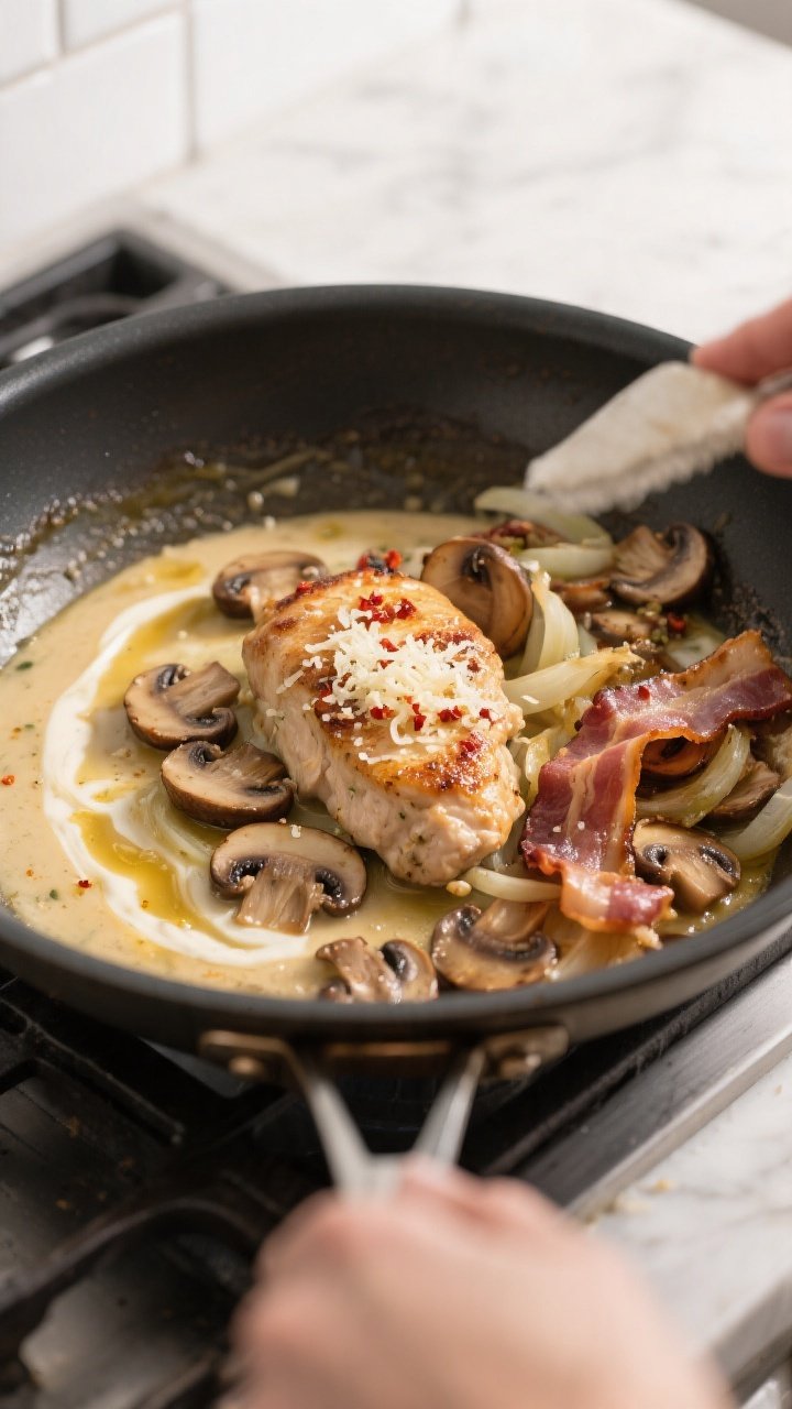 Cooking process: Overhead shot of the sauce-building stage in one skillet—mushrooms and onions bro