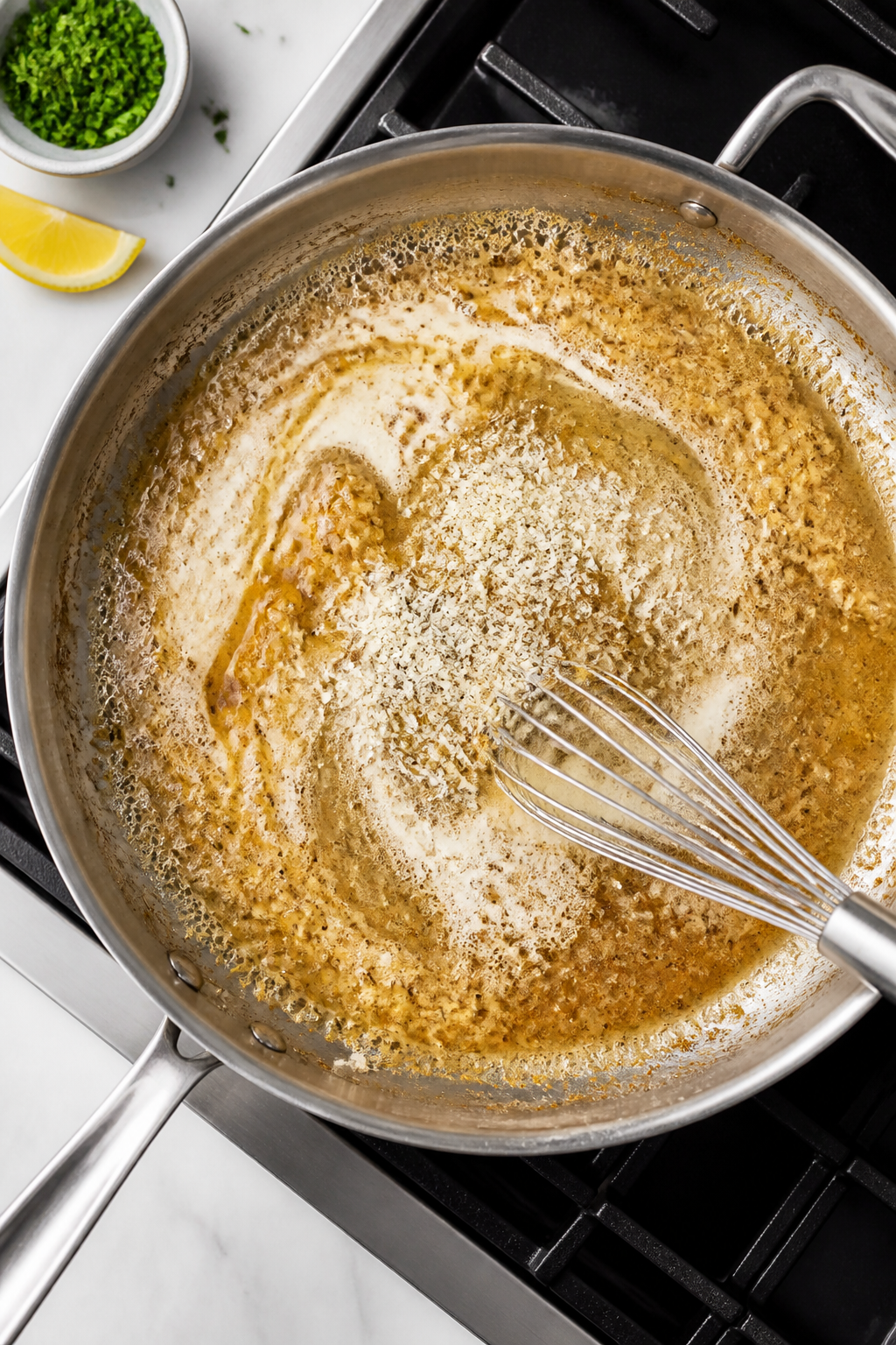 Cooking process: Overhead shot of the sauce-building stage in a stainless skillet—golden garlic si