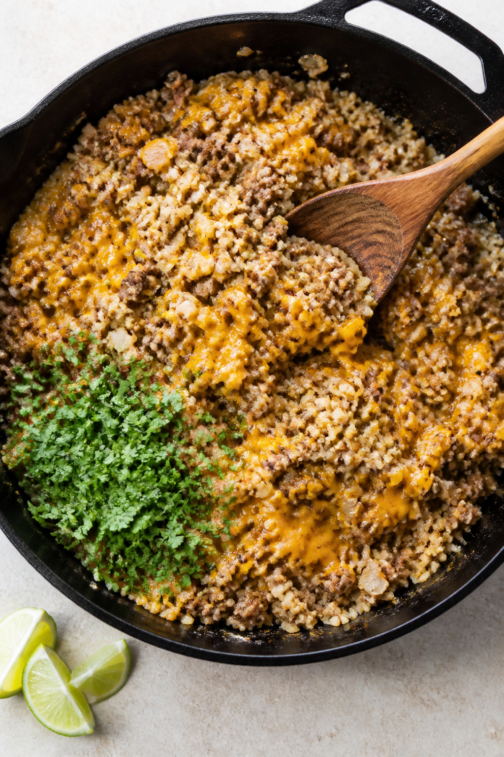 Cooking process: Overhead shot of the skillet right after cauliflower rice and a splash of beef brot
