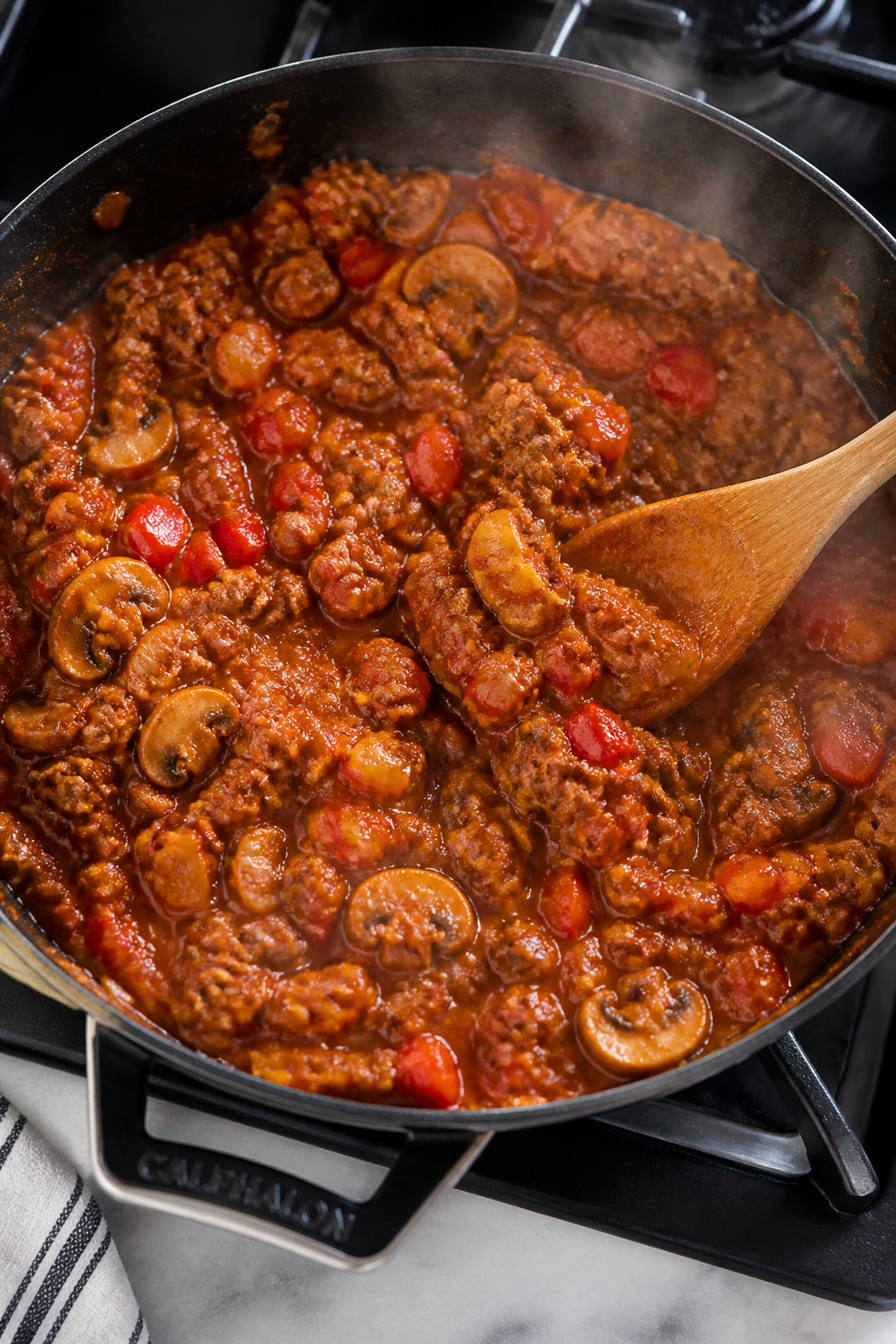Cooking process: Overhead shot of the skillet stage showing the saucy meat-and-veg base fully cooked