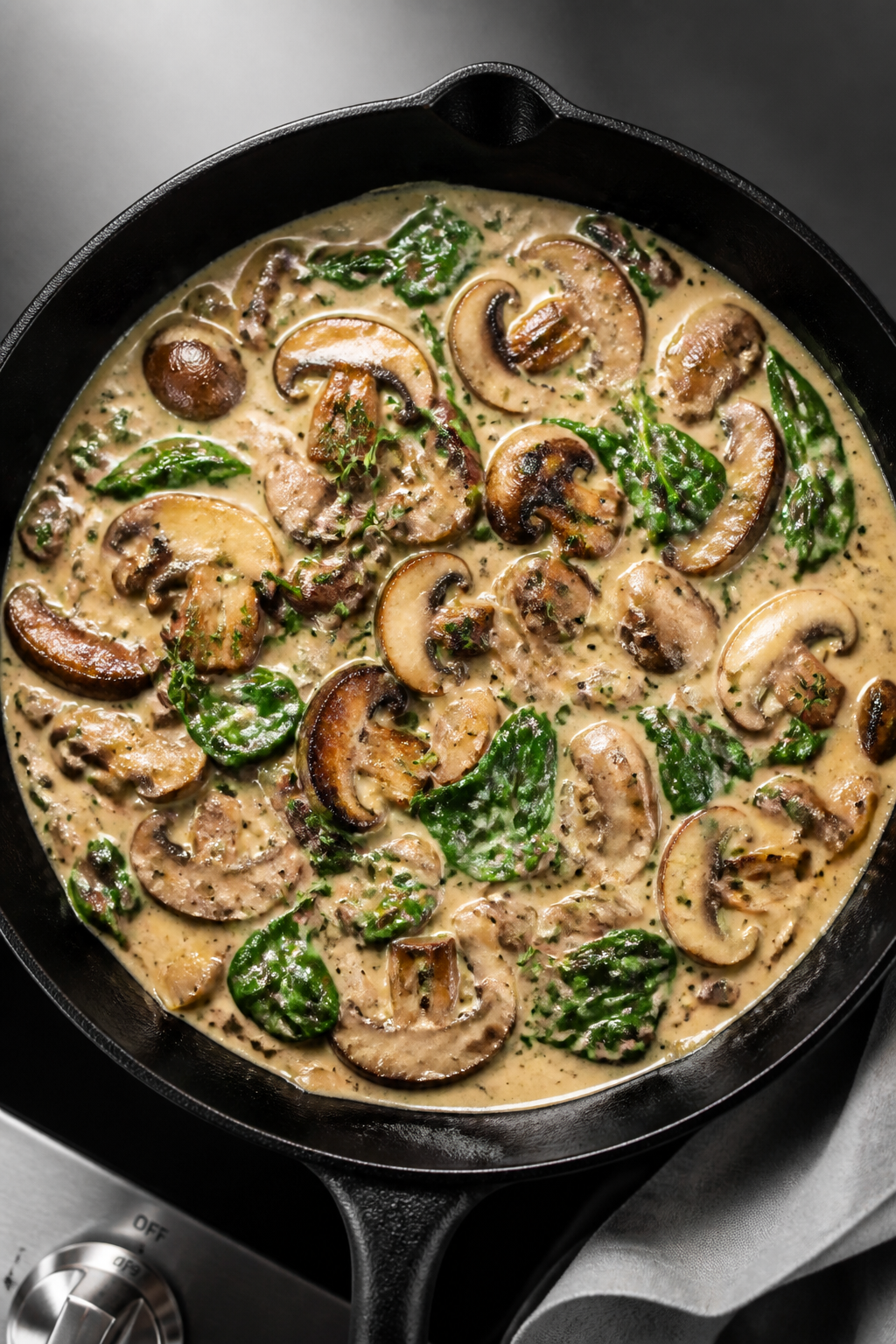 Cooking process: Overhead shot of the skillet stage showing mushrooms sautéing in butter with shall