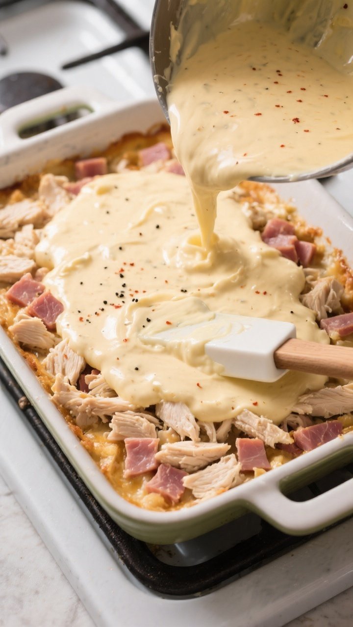 Cooking process: Overhead shot of the warm, silky cream sauce being poured evenly over a casserole l