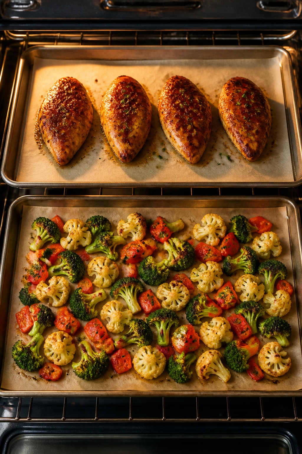 Cooking process: Overhead shot of two parchment-lined sheet pans mid-roast at 425°F—one with even