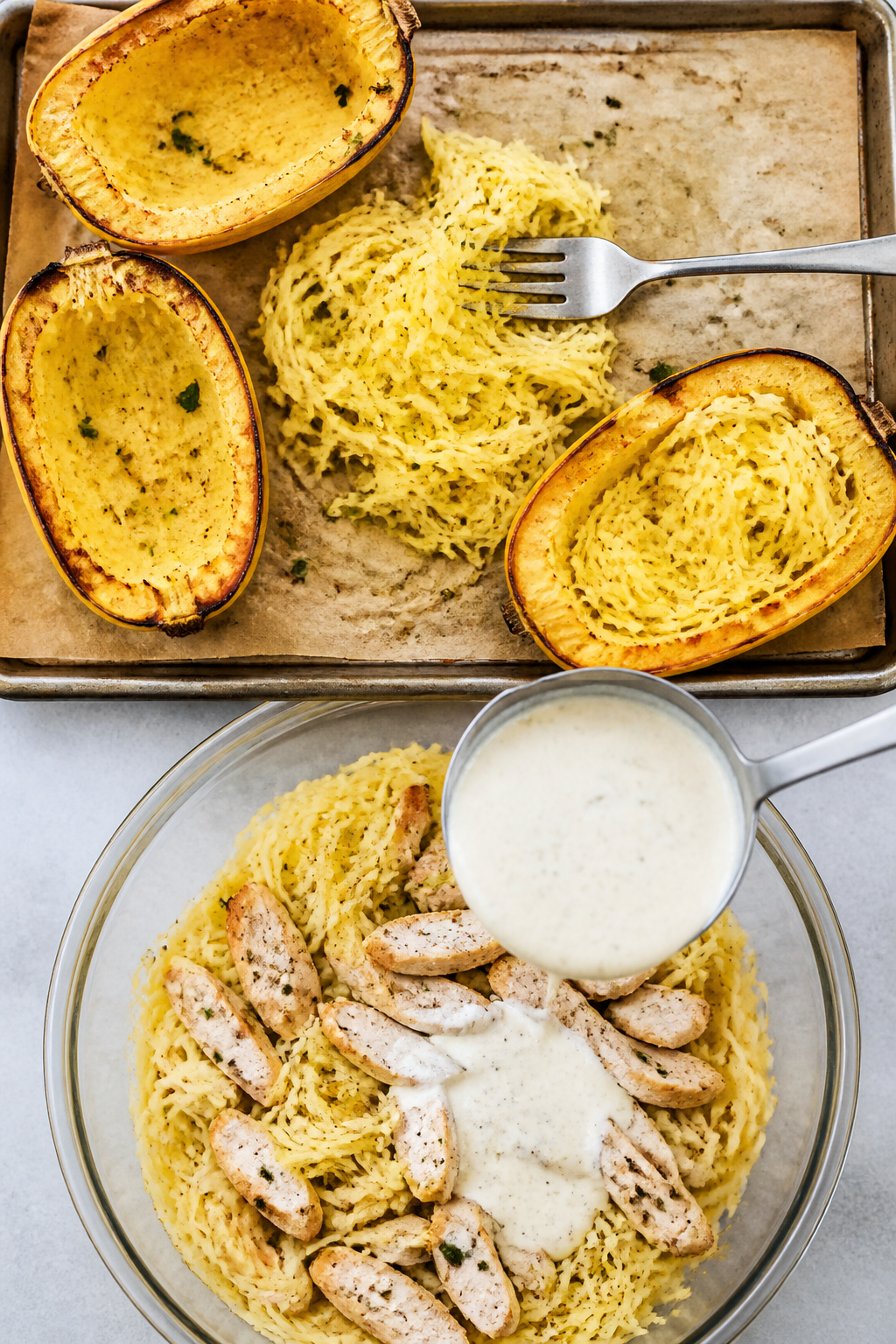 Cooking process: Roasted spaghetti squash halves being shredded into tender strands with a fork, sho