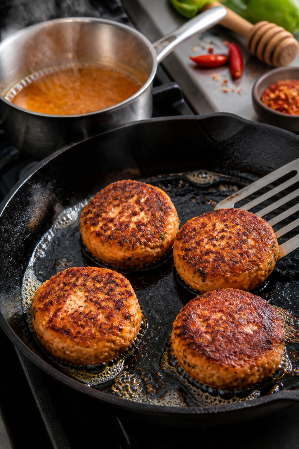 Cooking process: Salmon patties sizzling in a lightly oiled cast-iron skillet during the pan-sear, t