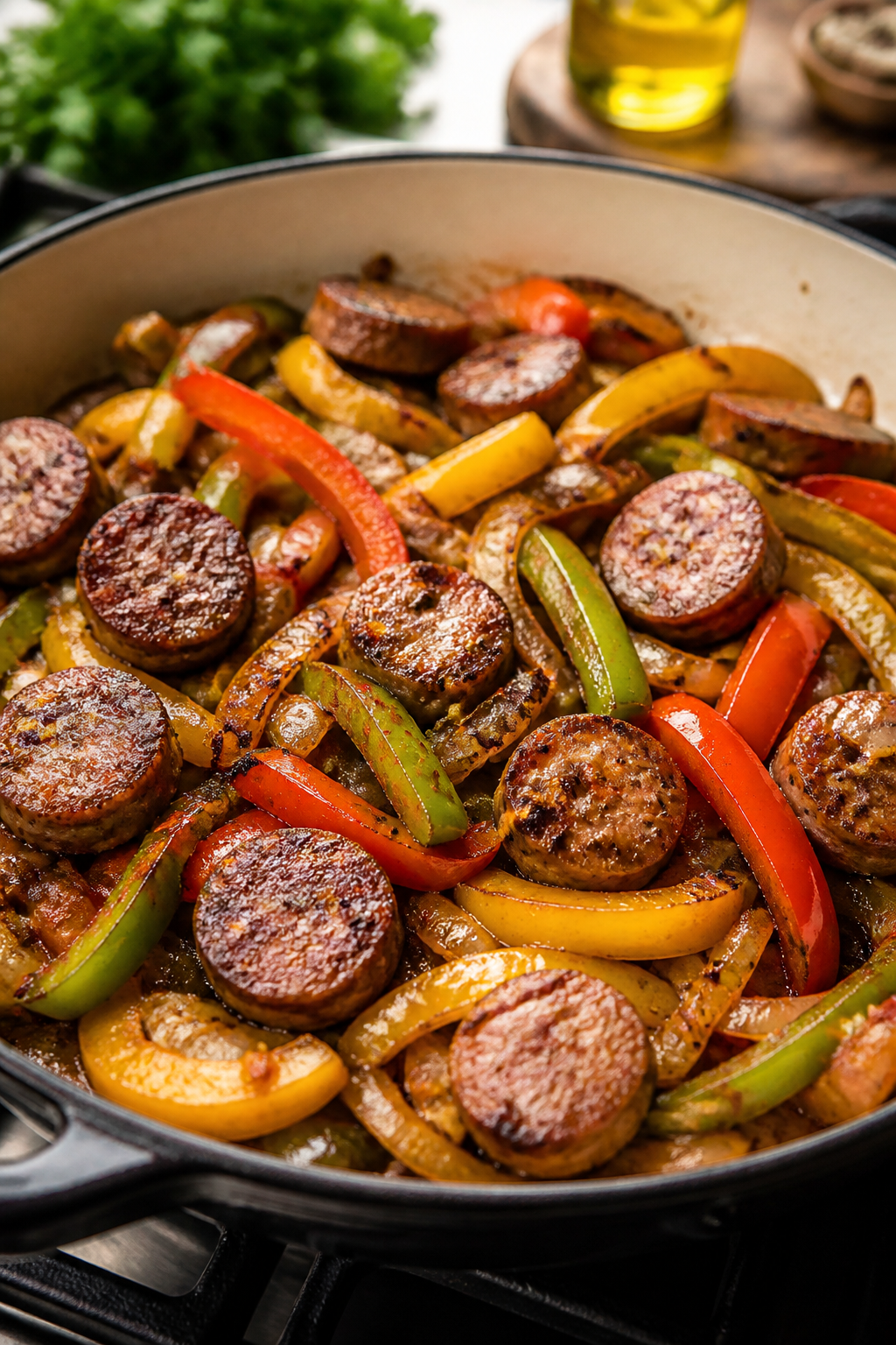 Cooking process: Sautéed sausage and peppers sizzling in a large oven-safe skillet, browned sausage