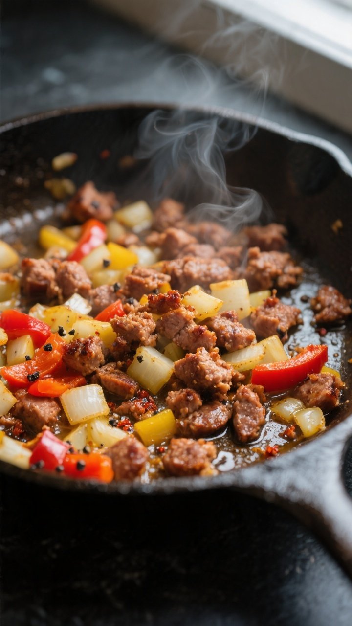 Cooking process — Sautéed sausage and veggies: Close-up of browned breakfast sausage crumbles wit