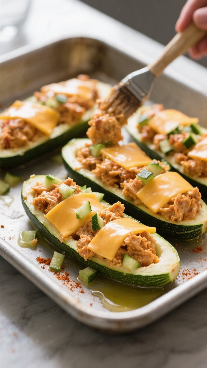 Cooking process scene: zucchini boats being filled and ready to bake—boats already stuffed and mou