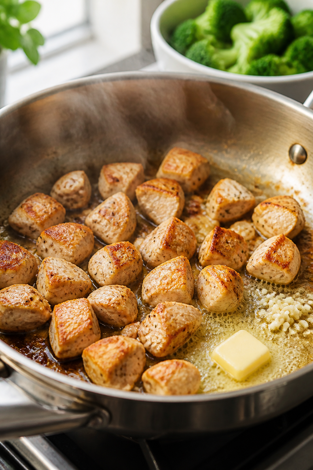Cooking process — Searing chicken for keto Alfredo: Golden-edged, bite-size chicken pieces sizzlin